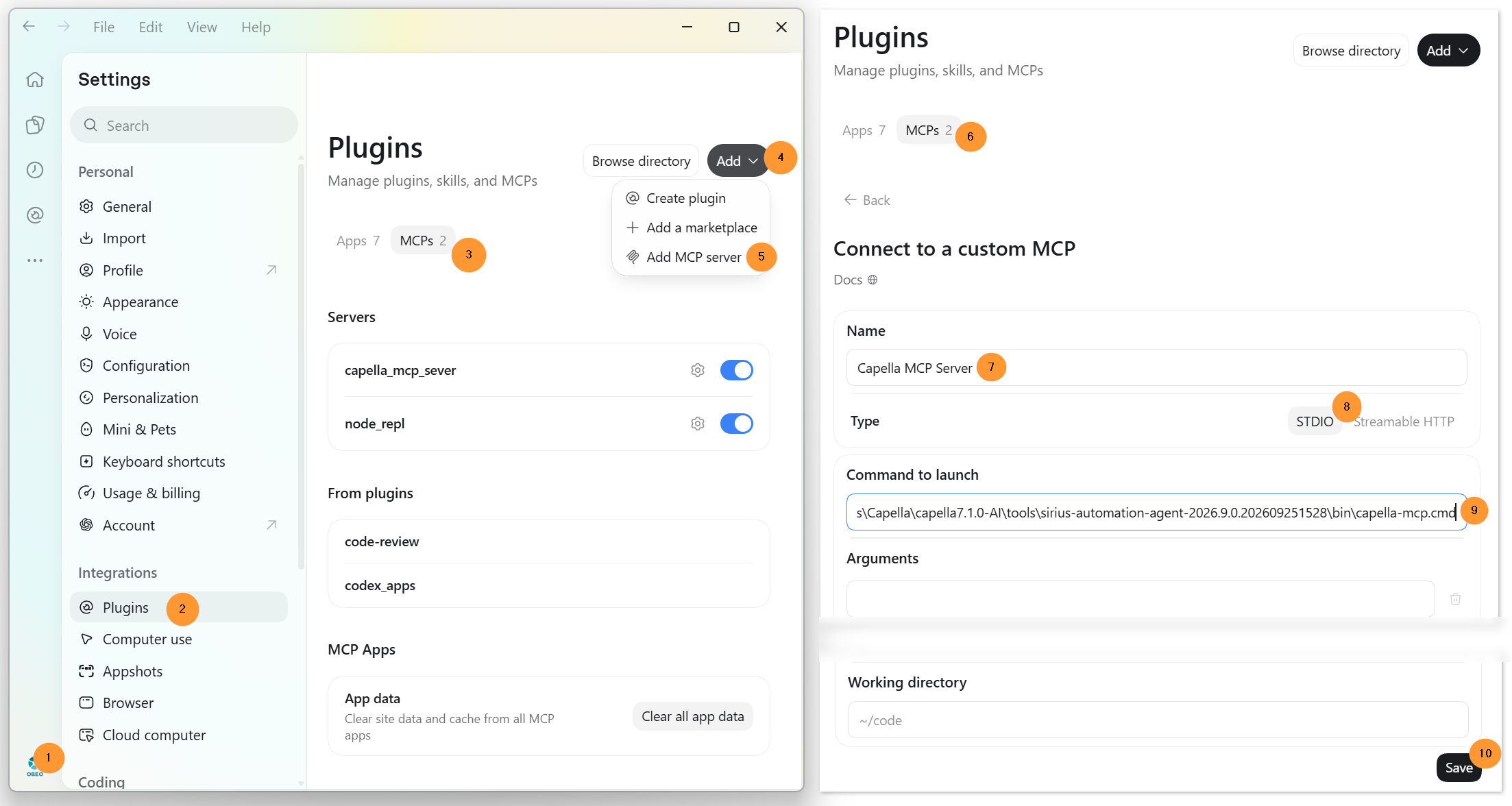 ChatGPT desktop settings and MCP configuration with numbered markers 1 through 10