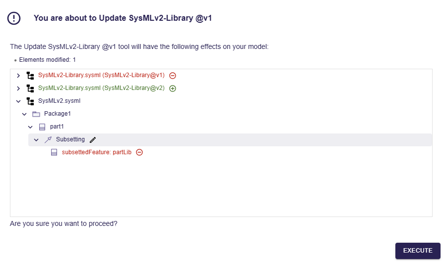 Dialog showing the impact analysis report of the 'Update library' action