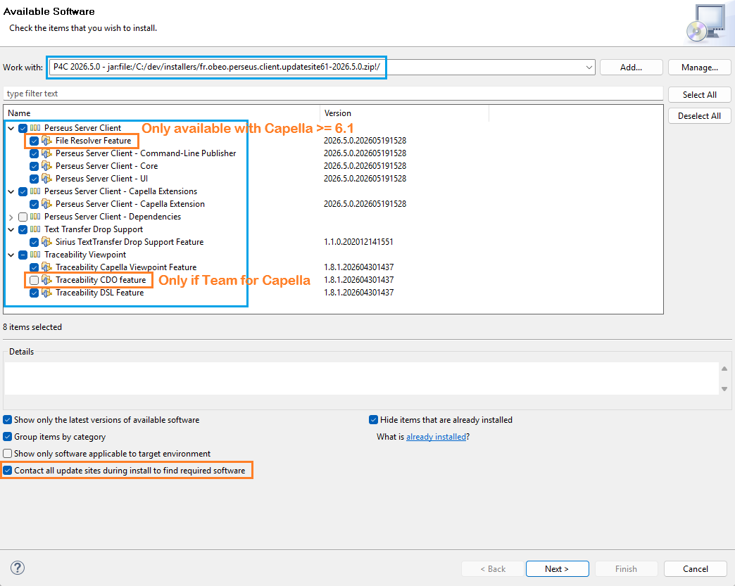 Features to install within Capella