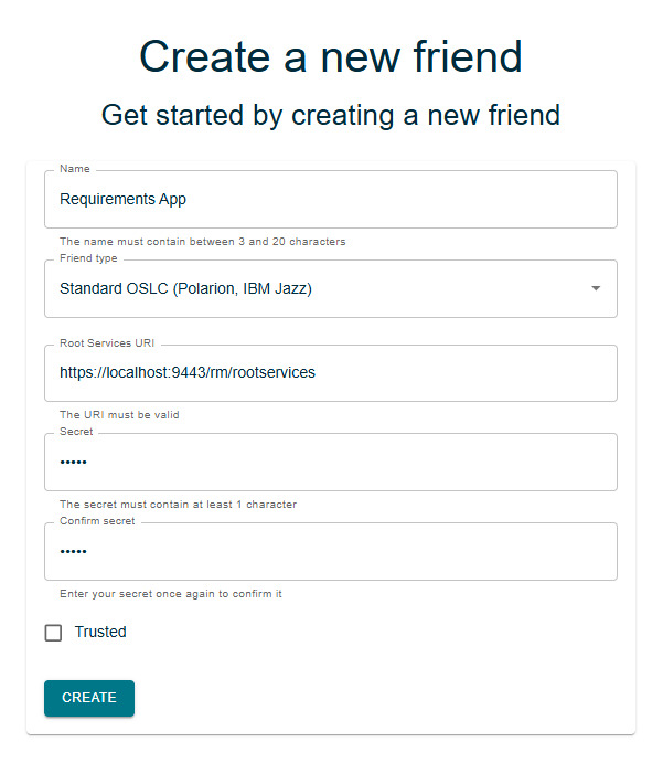 Requirements Management application friend creation
