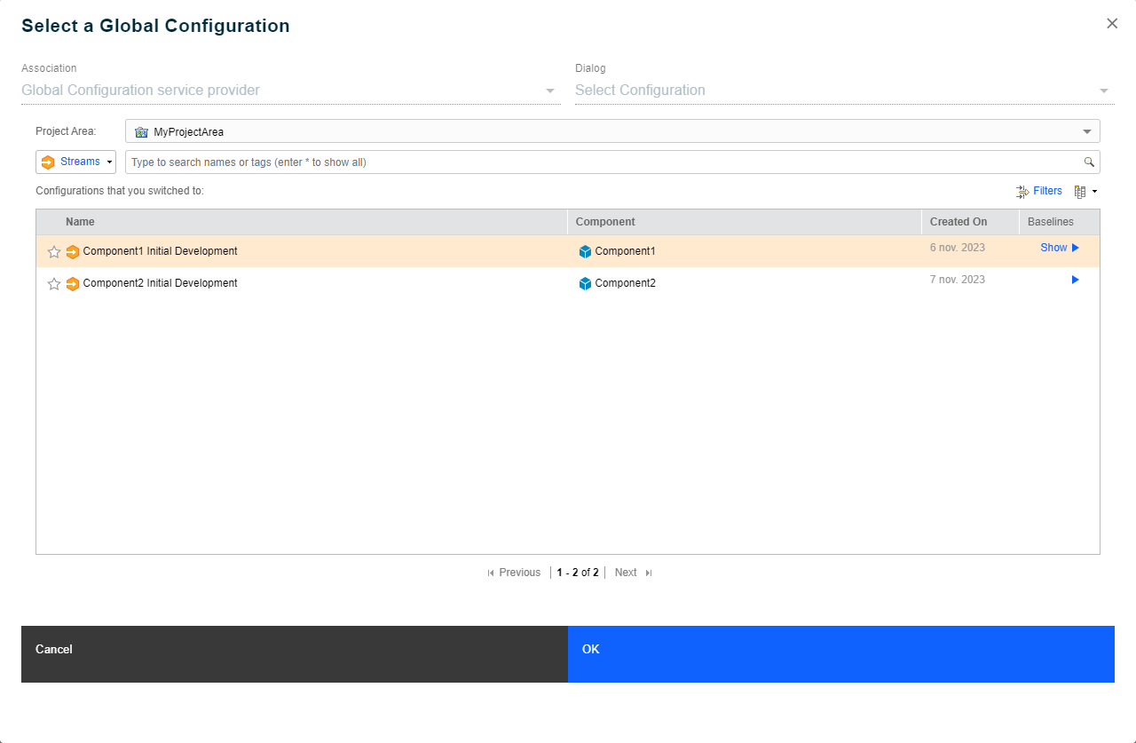 Configuration selection dialog