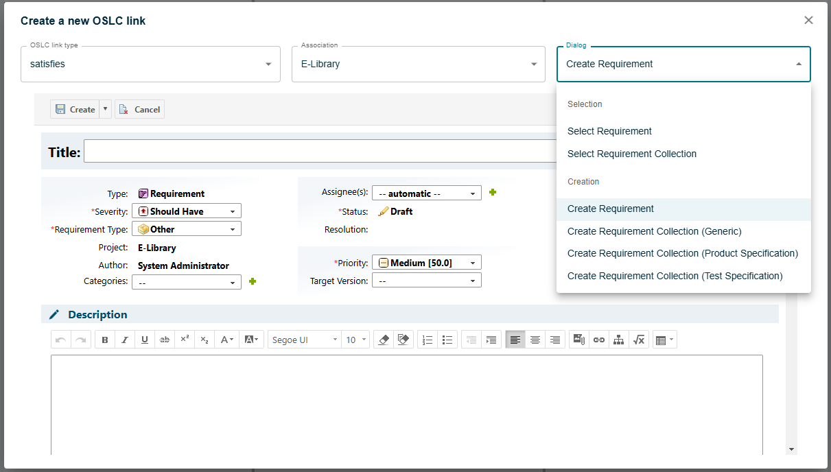 OSLC Link Creation Dialog Step 2