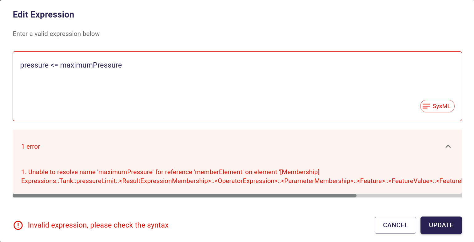 Edit expression modal showing an error message if the new expression is invalid