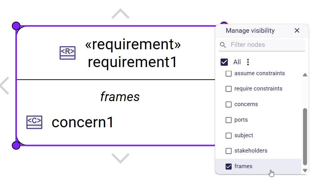 frames compartment displaying concern usages of a requirement