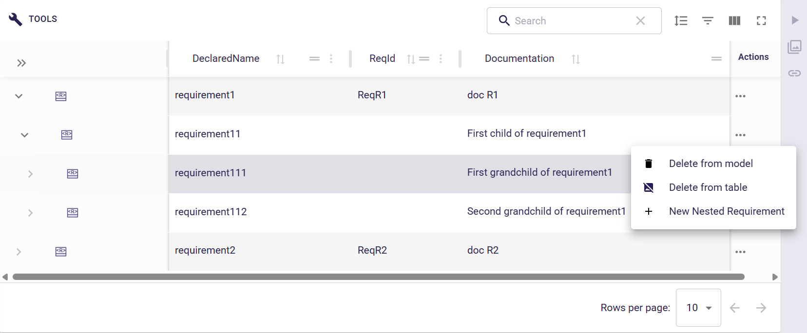 New sub requirement in row action menu