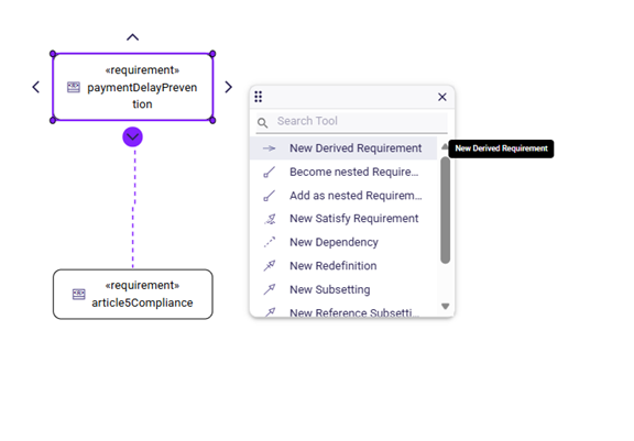New Derived Requirement edge tool on RequirementUsage graphical nodes