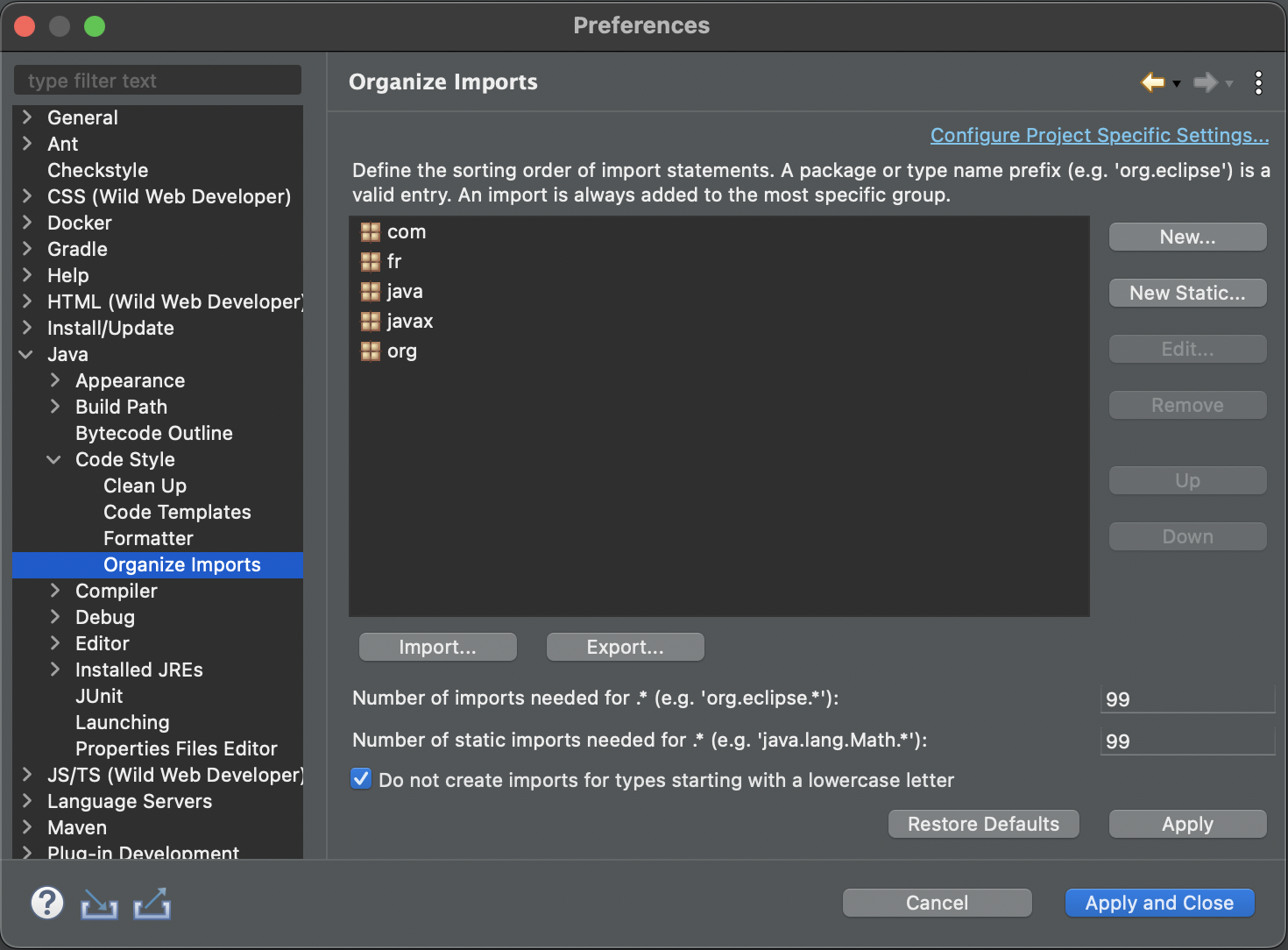 Configure Organize Imports
