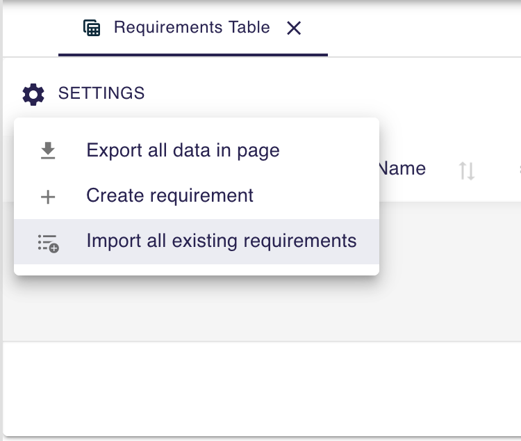 Requirement Table View - Import action
