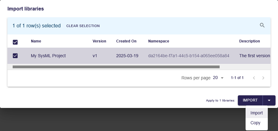 Import published library command dialog