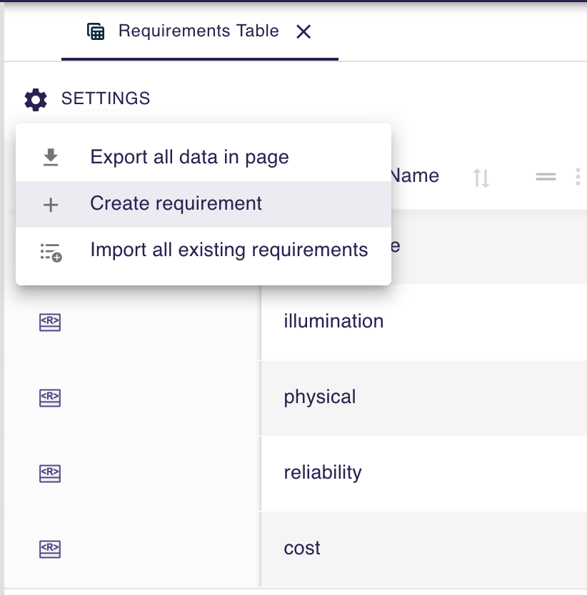 Requirement Table View - New requirement action