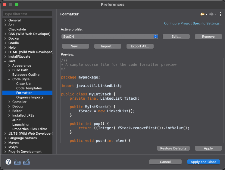 Configure Formatter