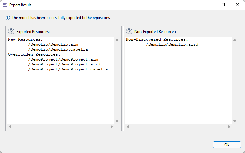 02. Export Import to from the Capella Team Server dialog export result