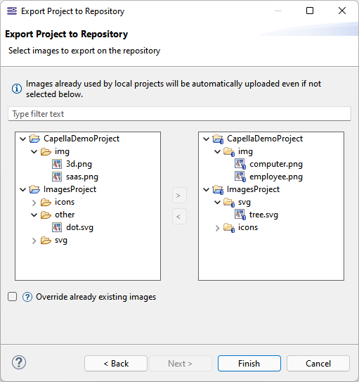 02. Export Import to from the Capella Team Server html images selection wizard page