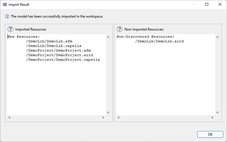 02. Export Import to from the Capella Team Server dialog import result